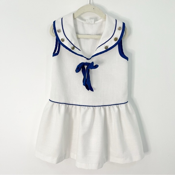 Vintage 6 girls sailor dress white blue collar sleeveless 0068 - Picture 2 of 10